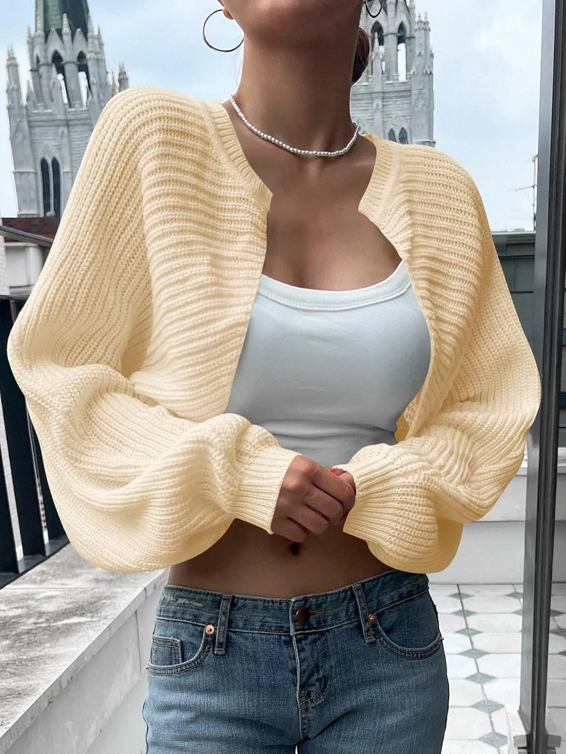 Women's Open Front Cardigan Sweater Long Sleeve Knit Bolero Shrug Cropped Cardigan Y2k Trendy