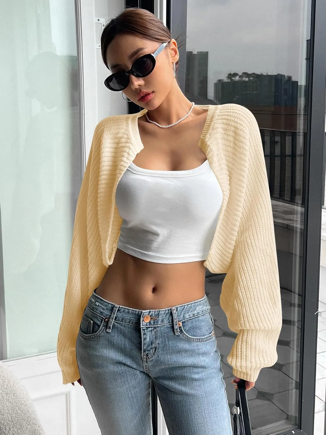 Women's Open Front Cardigan Sweater Long Sleeve Knit Bolero Shrug Cropped Cardigan Y2k Trendy