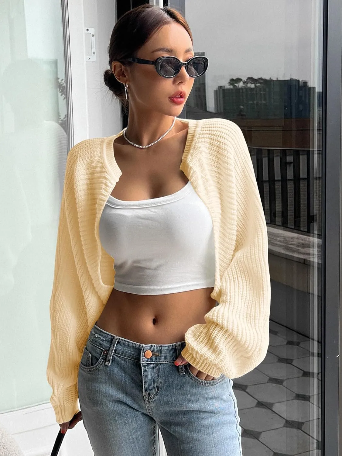 Women's Open Front Cardigan Sweater Long Sleeve Knit Bolero Shrug Cropped Cardigan Y2k Trendy