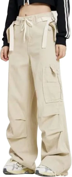 Womens Parachute Pants Wide Leg Baggy Pants Y2k Elastic Waist Y2k Cargo Pants Trousers with Pockets