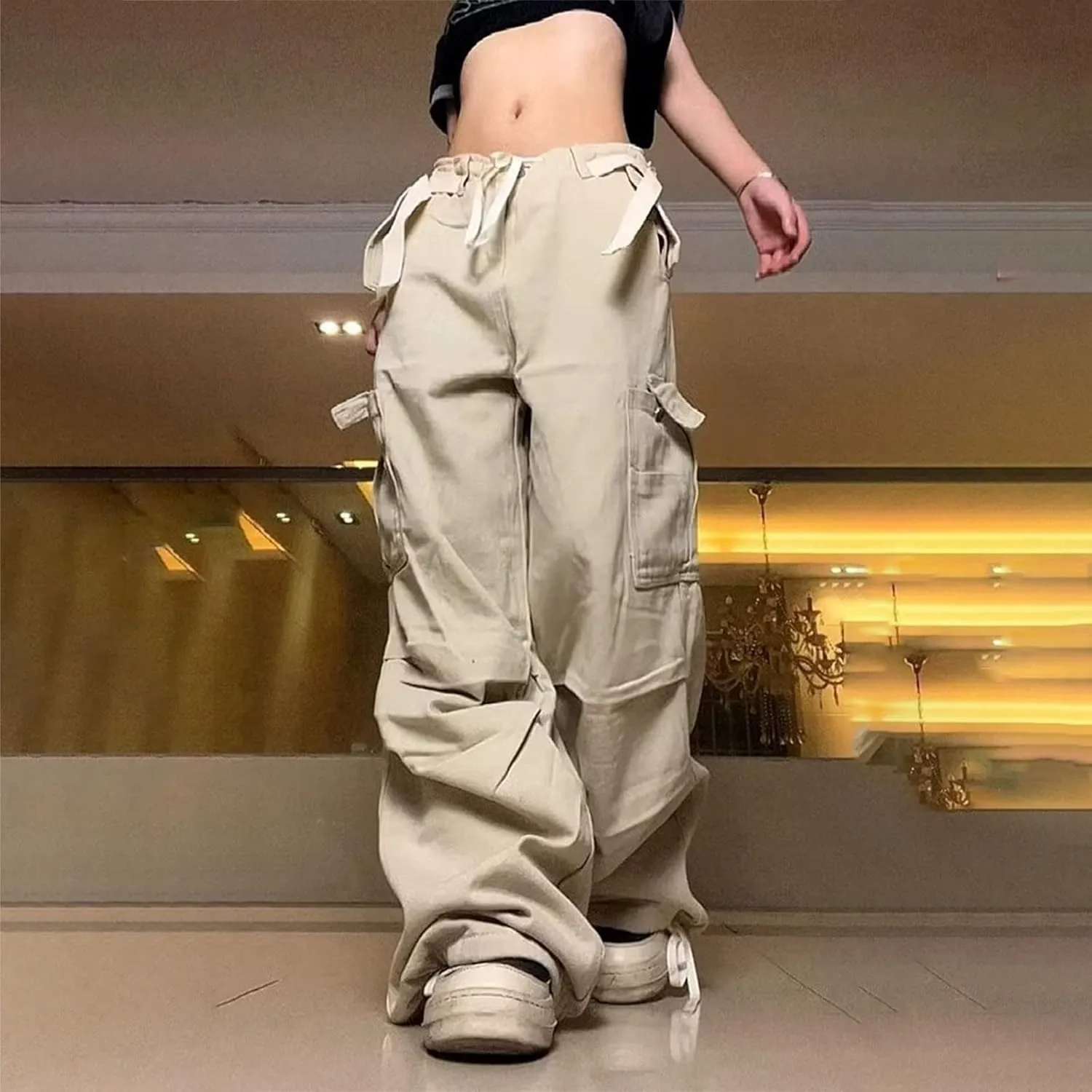Womens Parachute Pants Wide Leg Baggy Pants Y2k Elastic Waist Y2k Cargo Pants Trousers with Pockets