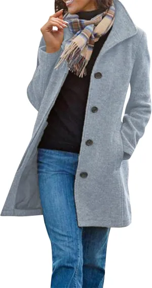 Womens Pea Coat Elegant Single Breasted Winter Trench Coat Dressy Casual Thicken Wool Blend Blazer Jacket with Pockets