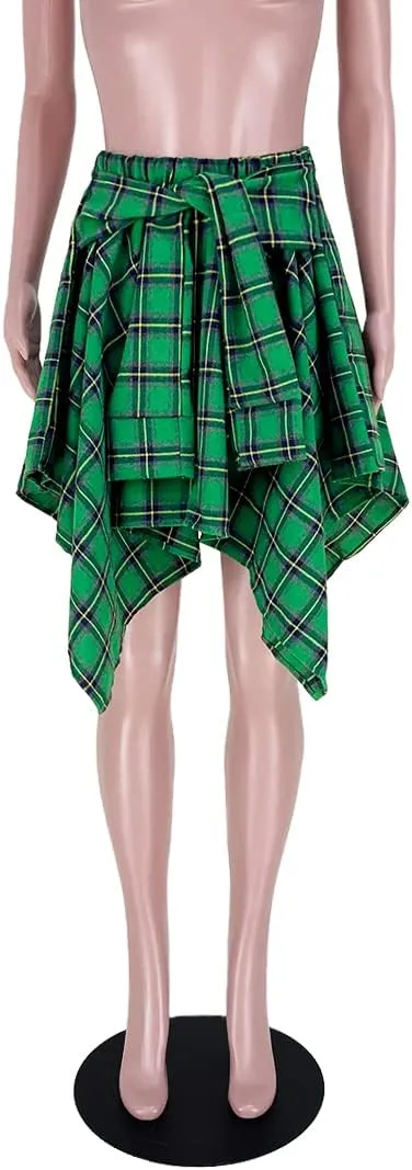 Women's Plaid Pleated Skirt High Waist Casual Skater Skirt Cute Mini A Line Skirt Hem Flowy Asymmetrical Skirts Flare