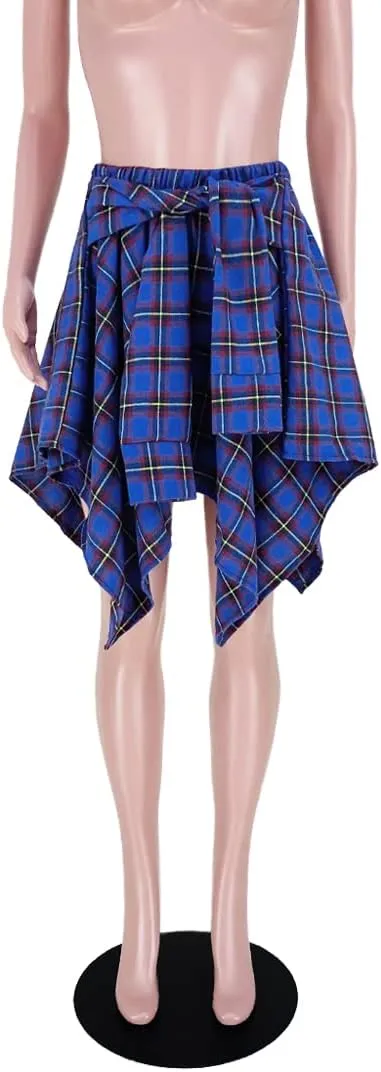 Women's Plaid Pleated Skirt High Waist Casual Skater Skirt Cute Mini A Line Skirt Hem Flowy Asymmetrical Skirts Flare