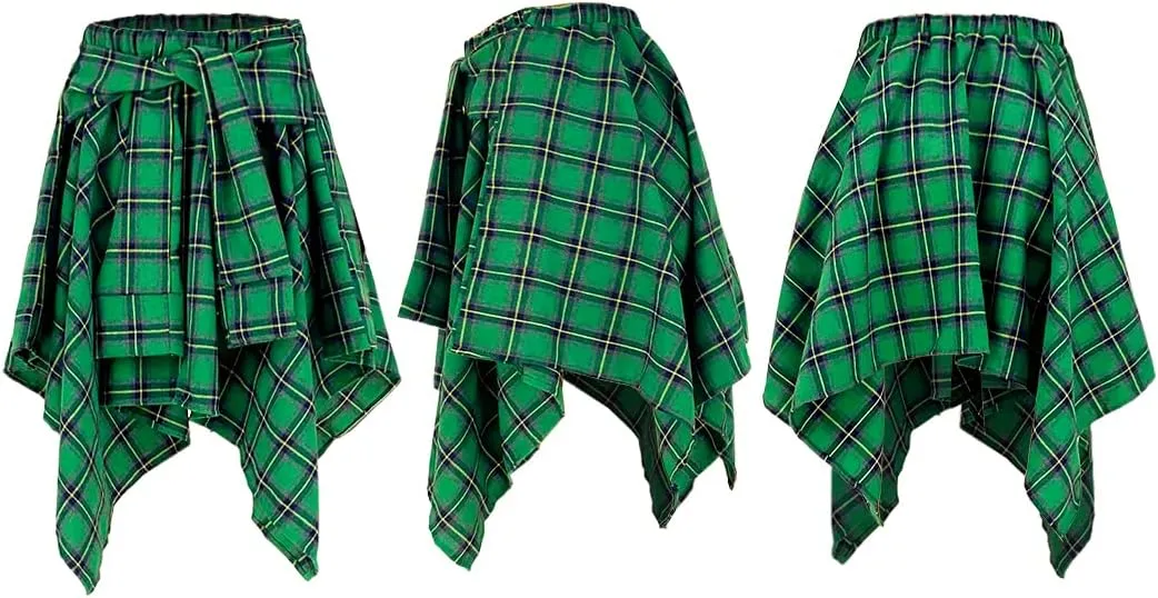 Women's Plaid Pleated Skirt High Waist Casual Skater Skirt Cute Mini A Line Skirt Hem Flowy Asymmetrical Skirts Flare