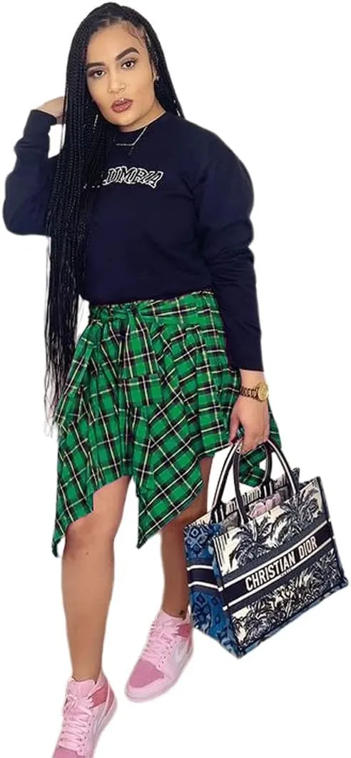 Women's Plaid Pleated Skirt High Waist Casual Skater Skirt Cute Mini A Line Skirt Hem Flowy Asymmetrical Skirts Flare