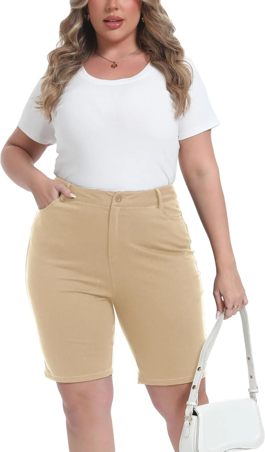 Womens Plus Size Bermuda Shorts Stretchy High Waisted Summer Casual Midi Shorts