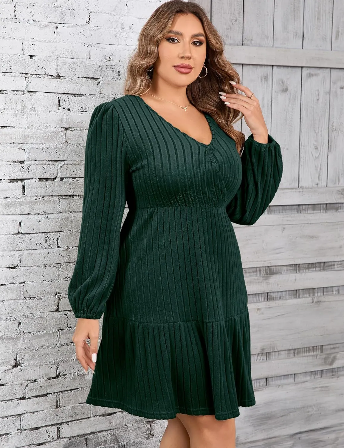 Women's Plus Size Casual Sweater Dress Square Neck Long Lantern Sleeve Tie Waist Loose Pullover Sweater Dresses