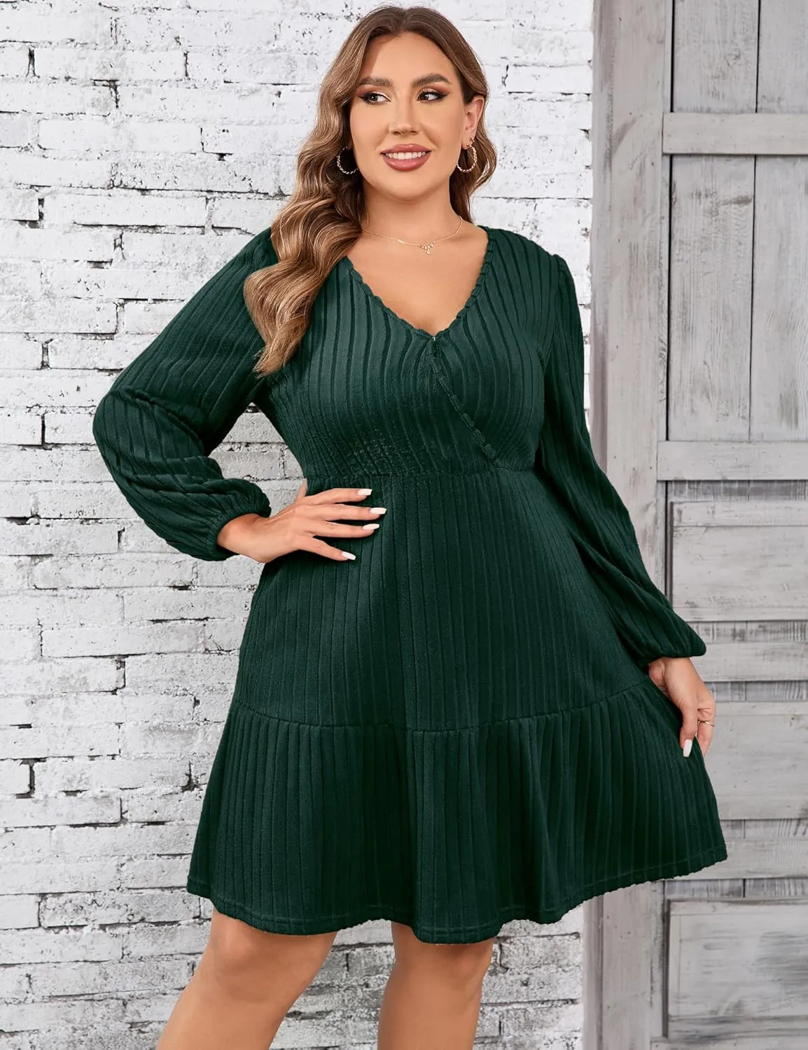 Women's Plus Size Casual Sweater Dress Square Neck Long Lantern Sleeve Tie Waist Loose Pullover Sweater Dresses