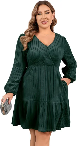 Women's Plus Size Casual Sweater Dress Square Neck Long Lantern Sleeve Tie Waist Loose Pullover Sweater Dresses