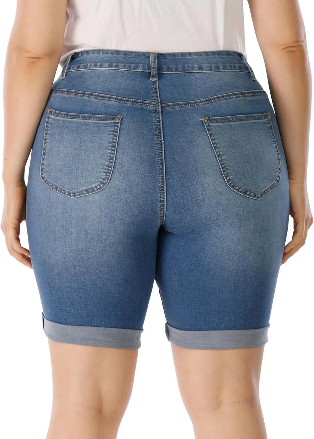 Womens Plus Size Jean Shorts High Waisted Stretchy Midi Bermuda Denim Shorts