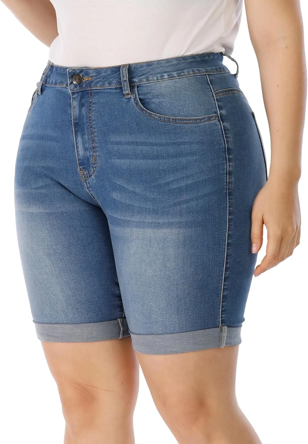 Womens Plus Size Jean Shorts High Waisted Stretchy Midi Bermuda Denim Shorts
