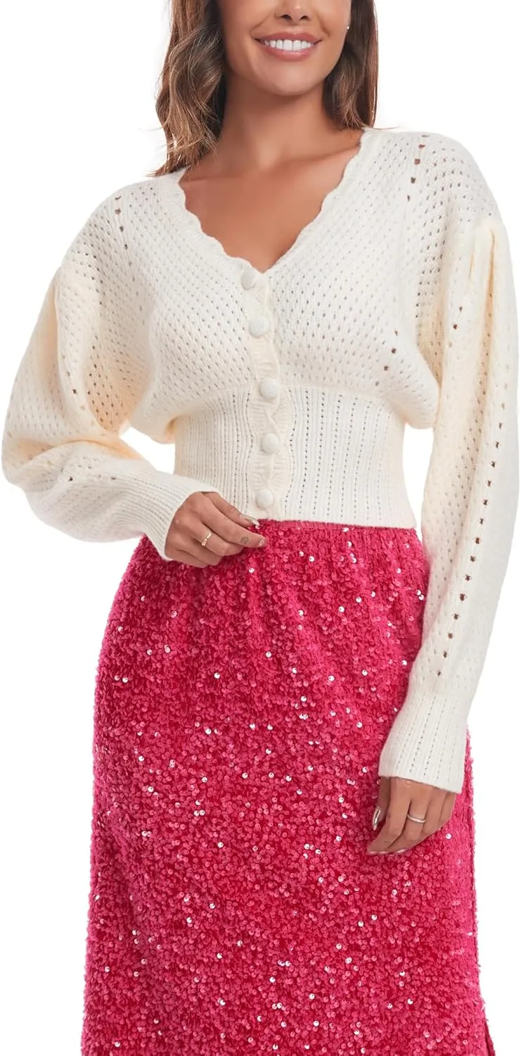 Women's Puff Short Sleeve Sweater V-Neck Button Knit Tops Crochet Soft Knitwear