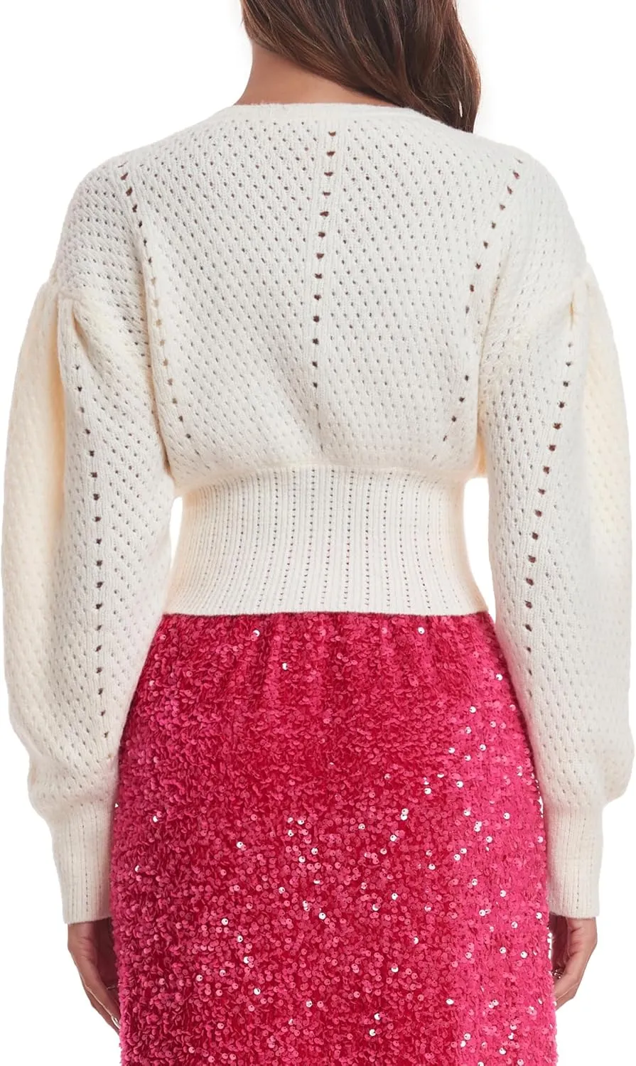 Women's Puff Short Sleeve Sweater V-Neck Button Knit Tops Crochet Soft Knitwear