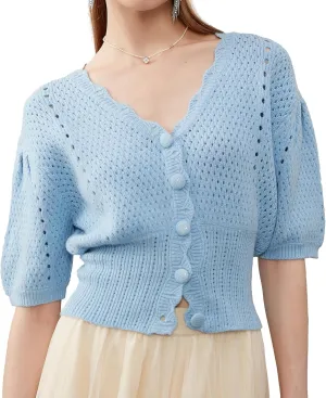 Women's Puff Short Sleeve Sweater V-Neck Button Knit Tops Crochet Soft Knitwear