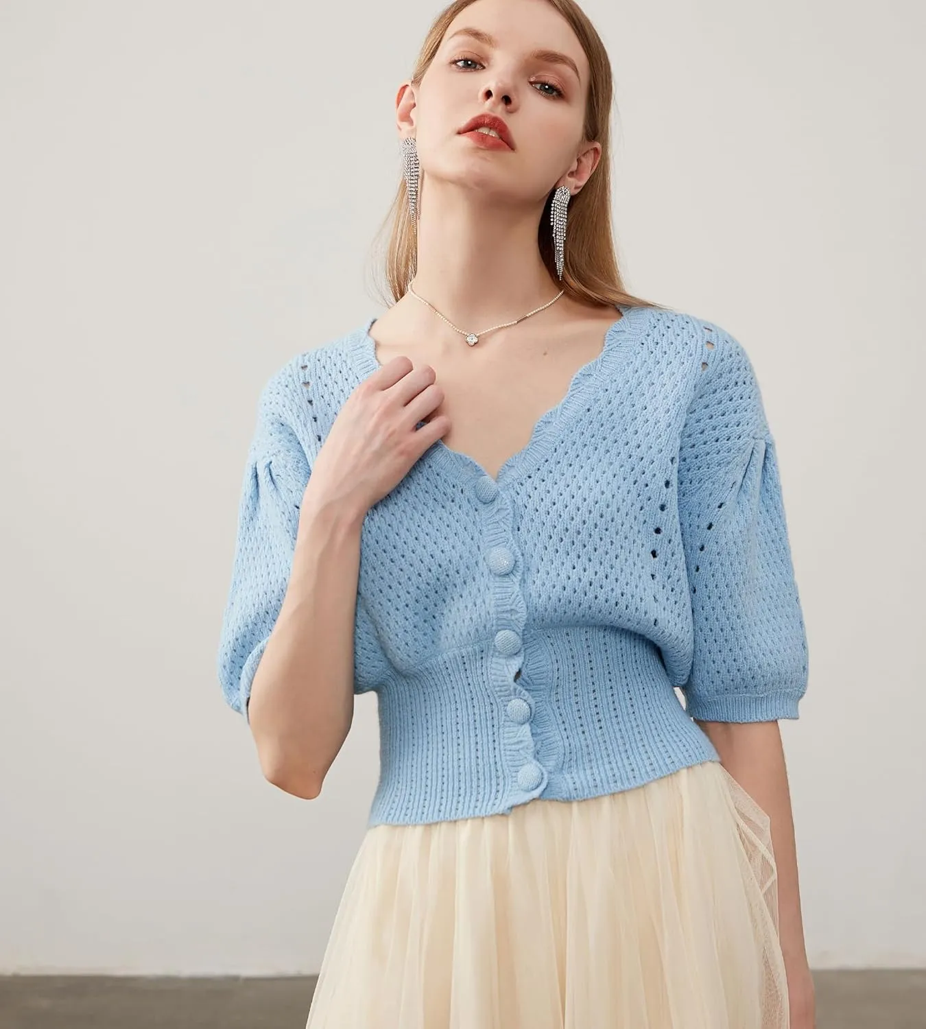 Women's Puff Short Sleeve Sweater V-Neck Button Knit Tops Crochet Soft Knitwear