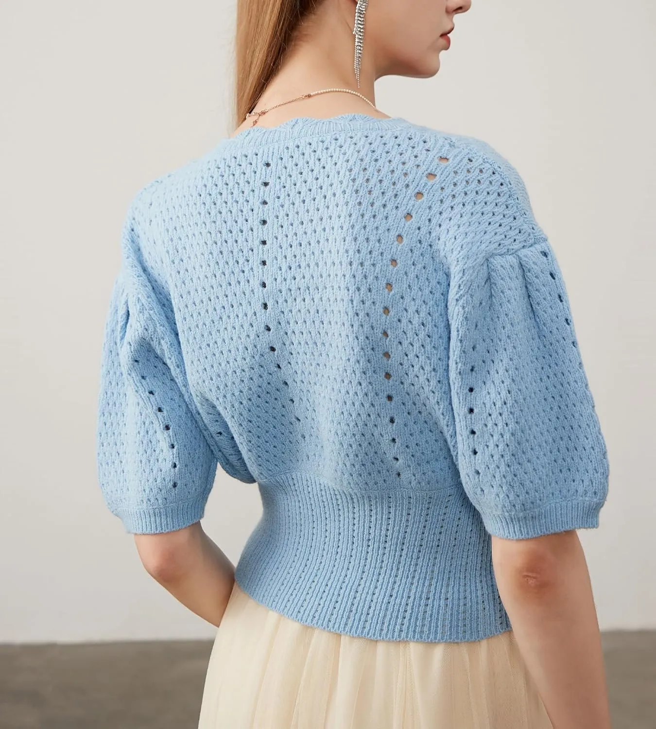 Women's Puff Short Sleeve Sweater V-Neck Button Knit Tops Crochet Soft Knitwear