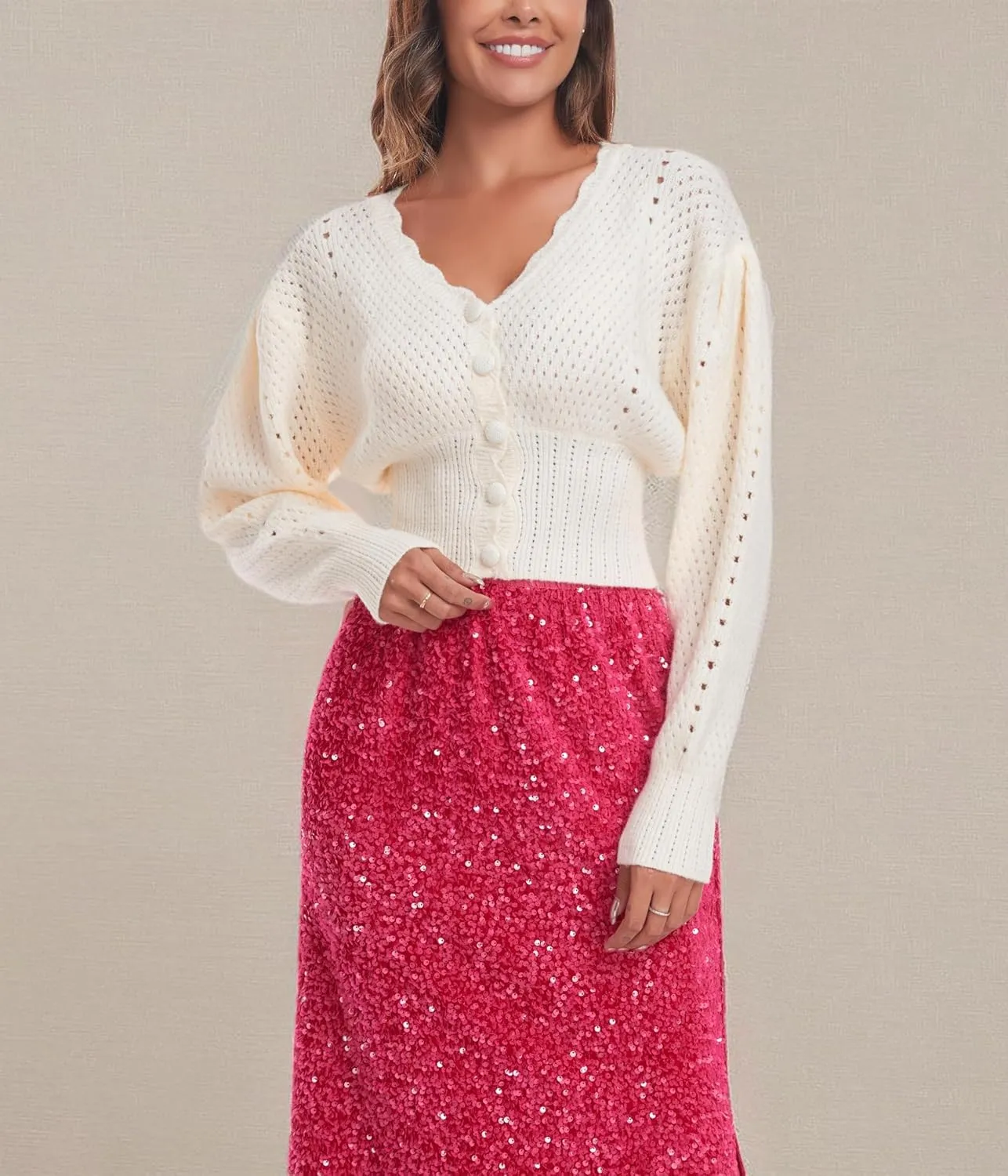 Women's Puff Short Sleeve Sweater V-Neck Button Knit Tops Crochet Soft Knitwear