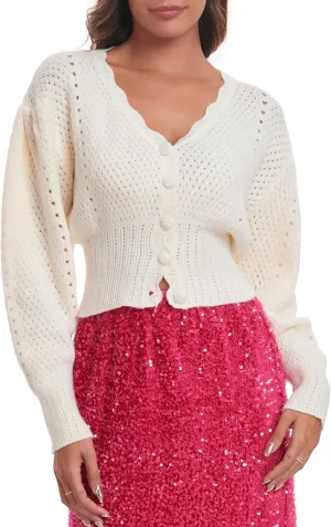 Women's Puff Short Sleeve Sweater V-Neck Button Knit Tops Crochet Soft Knitwear