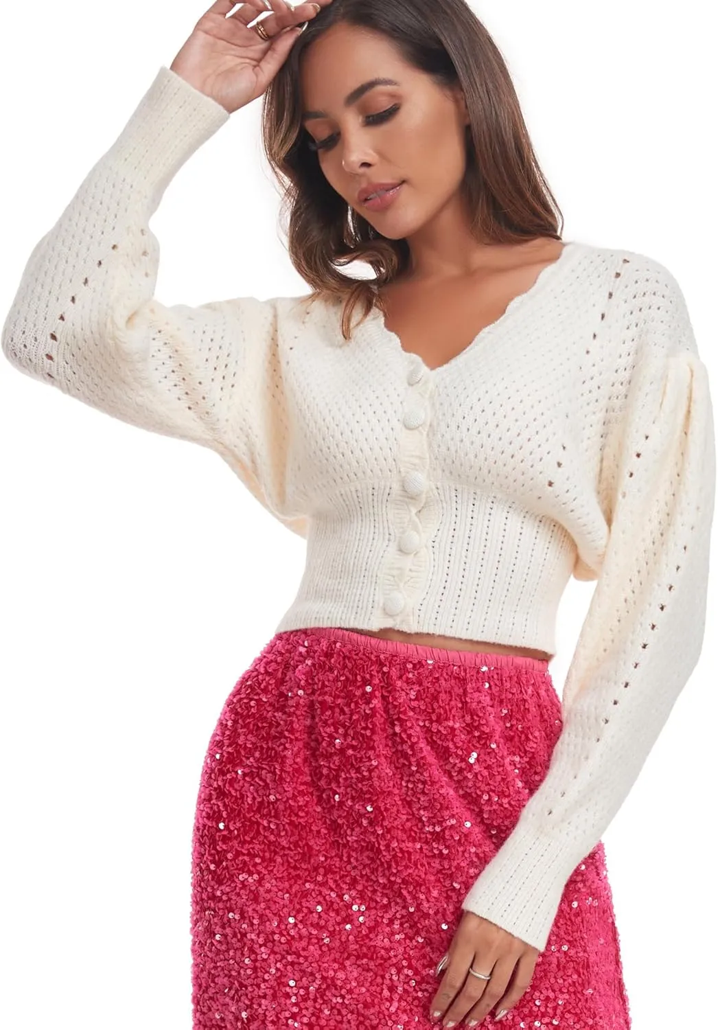 Women's Puff Short Sleeve Sweater V-Neck Button Knit Tops Crochet Soft Knitwear