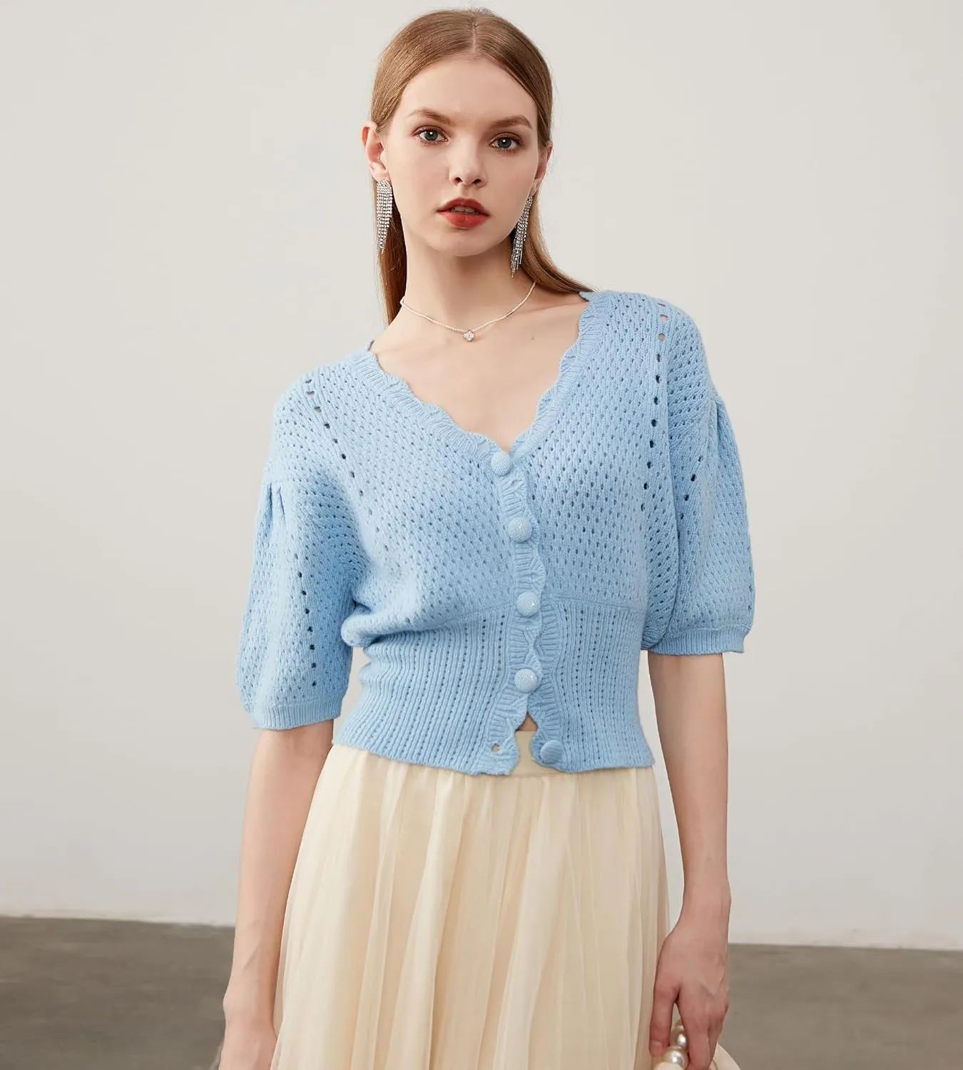 Women's Puff Short Sleeve Sweater V-Neck Button Knit Tops Crochet Soft Knitwear
