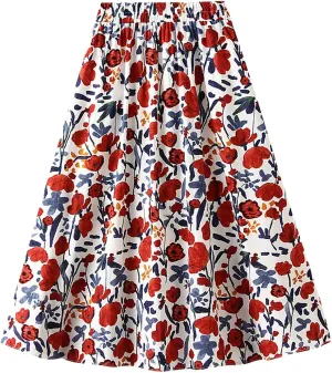 Womens Retro Skirt Midi Skirts for Women Floral Printed Midi Skirt High Waisted A Line Skirt Elastic Waist Skirt