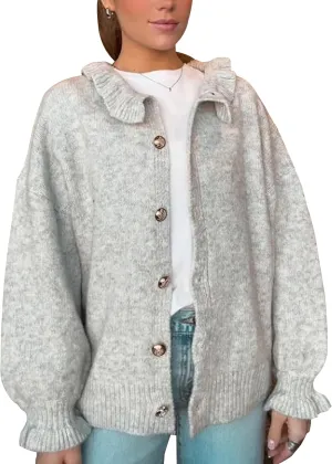 Womens Ruffle Cuff Cardigan Button Up Ribbed Floral Collar Open Front Long Sleeve Loose Knitwear Sweater