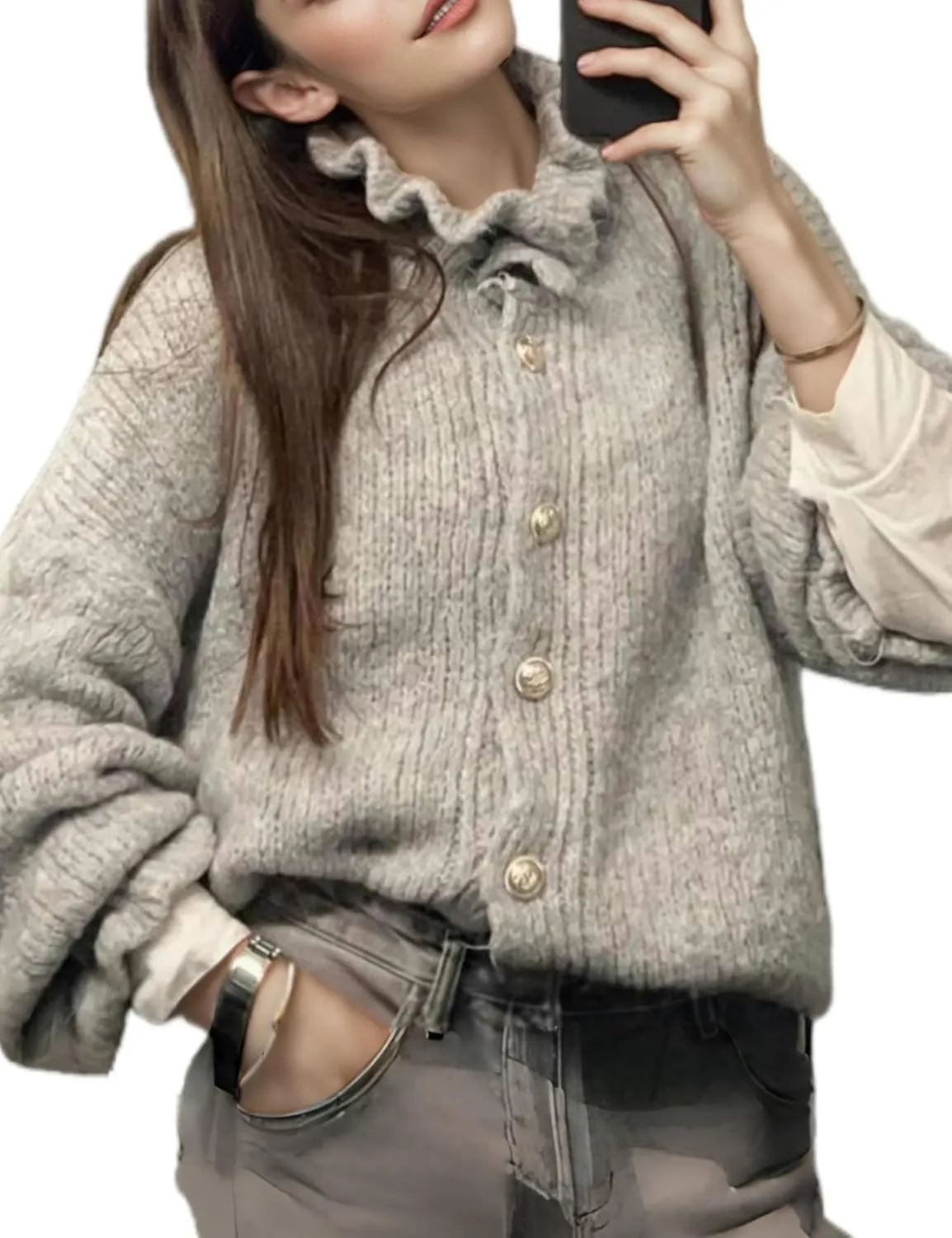 Womens Ruffle Cuff Cardigan Button Up Ribbed Floral Collar Open Front Long Sleeve Loose Knitwear Sweater