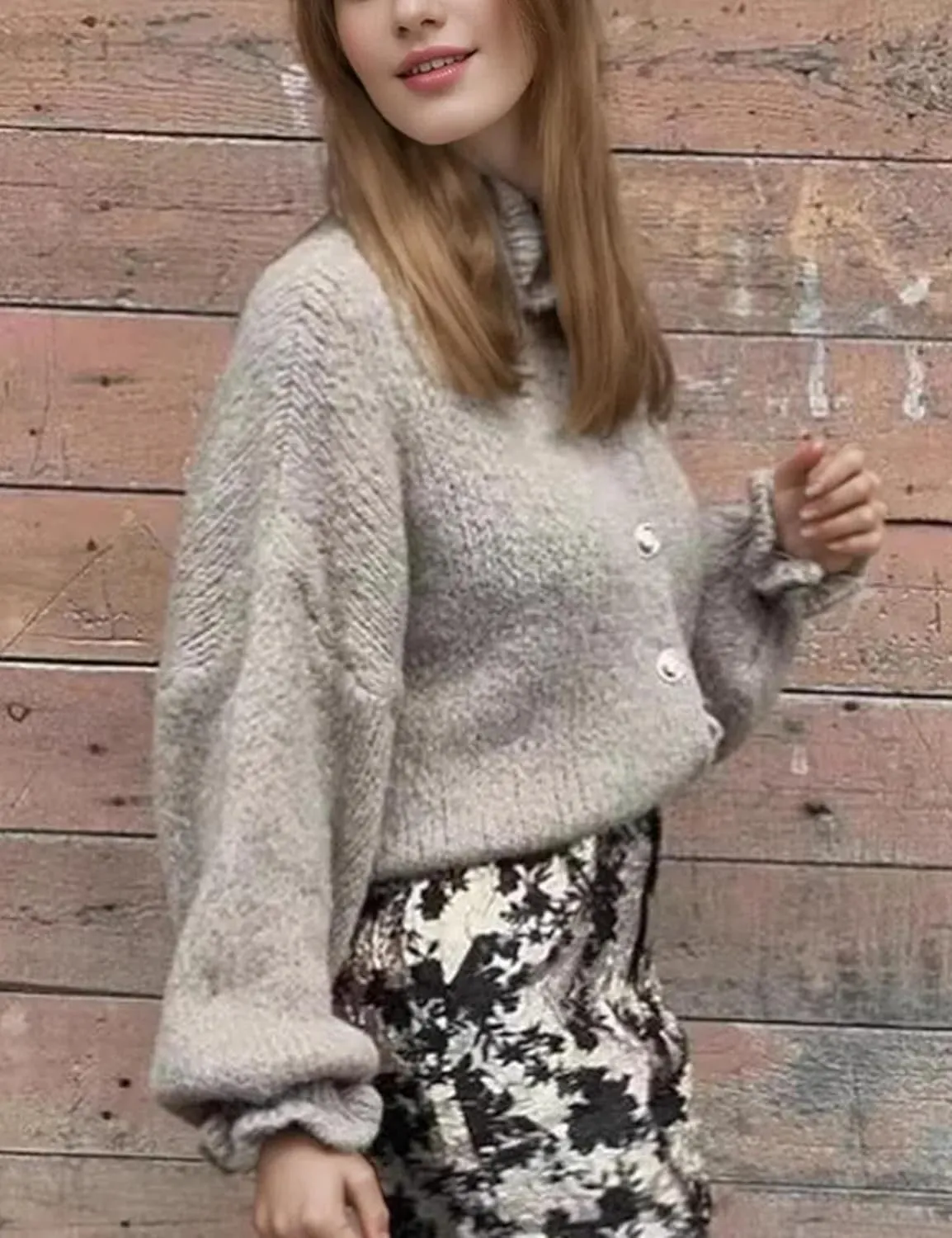 Womens Ruffle Cuff Cardigan Button Up Ribbed Floral Collar Open Front Long Sleeve Loose Knitwear Sweater
