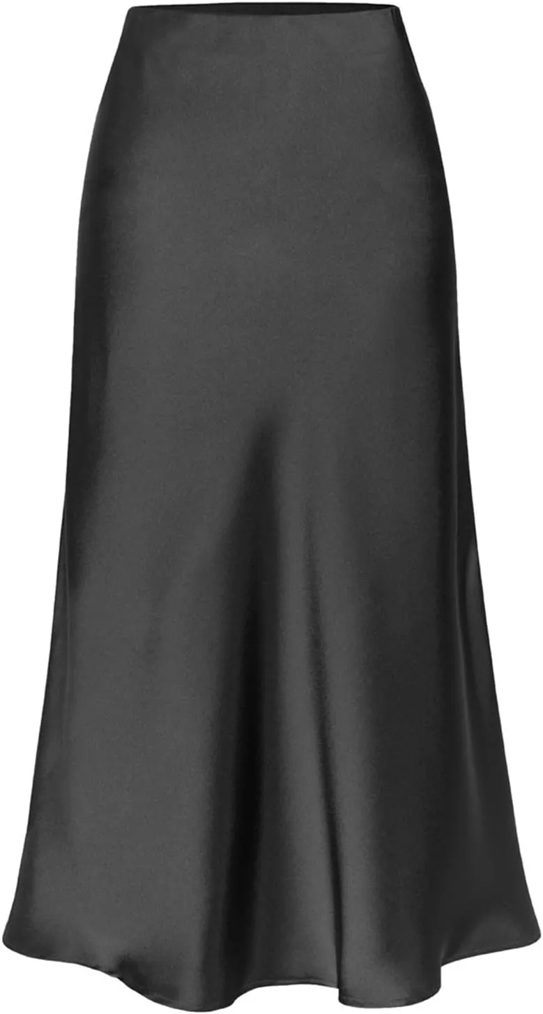 Women's Satin Skirt Elastic High Waisted Solid Color Slit MIDI Skirt Womens Cotton Skirts Above Knee Length