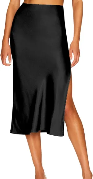 Women's Satin Skirt Elastic High Waisted Solid Color Slit MIDI Skirt Womens Cotton Skirts Above Knee Length