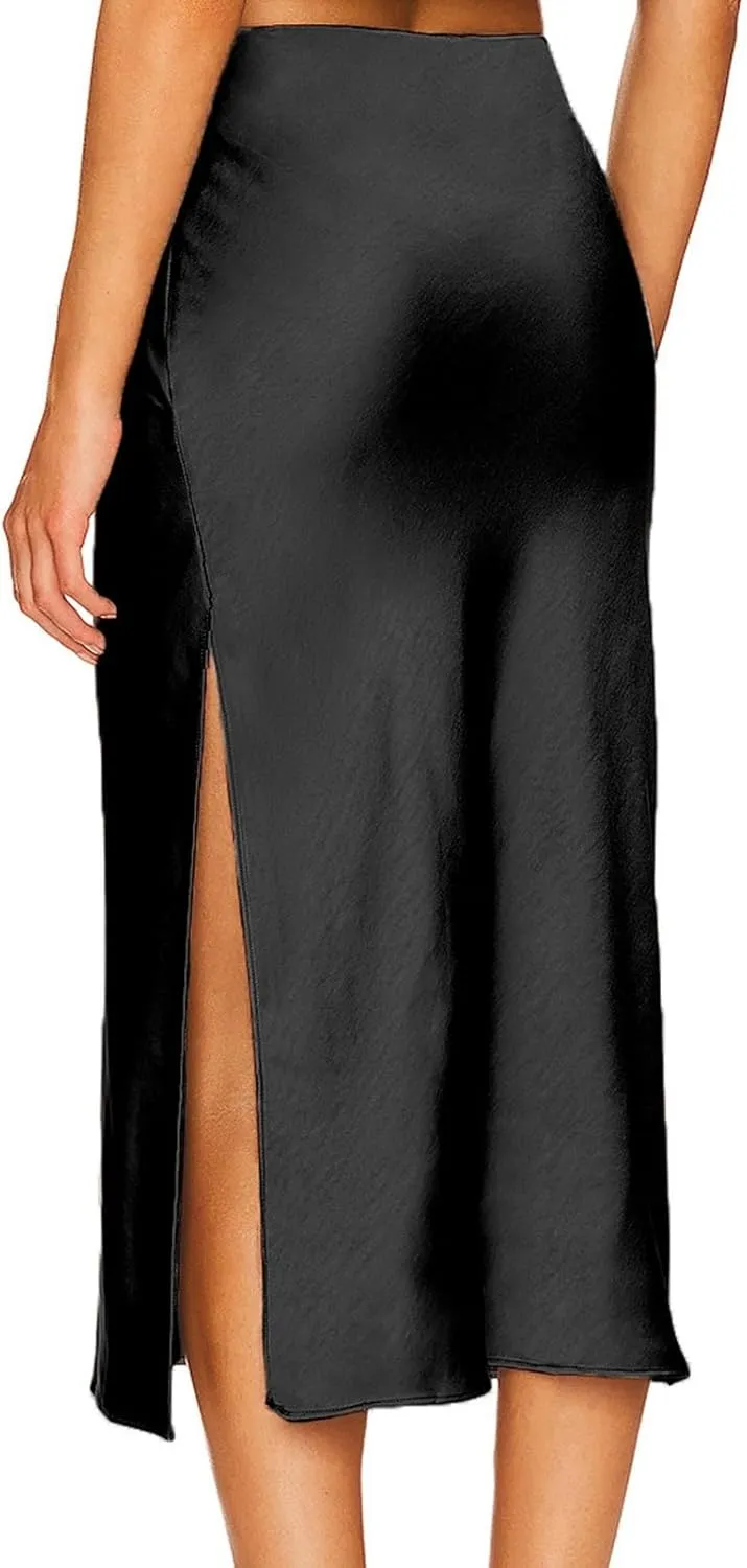 Women's Satin Skirt Elastic High Waisted Solid Color Slit MIDI Skirt Womens Cotton Skirts Above Knee Length