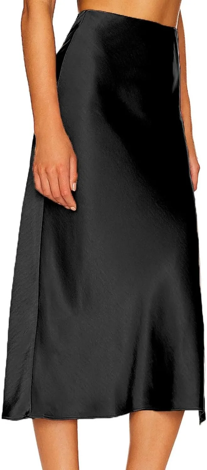 Women's Satin Skirt Elastic High Waisted Solid Color Slit MIDI Skirt Womens Cotton Skirts Above Knee Length