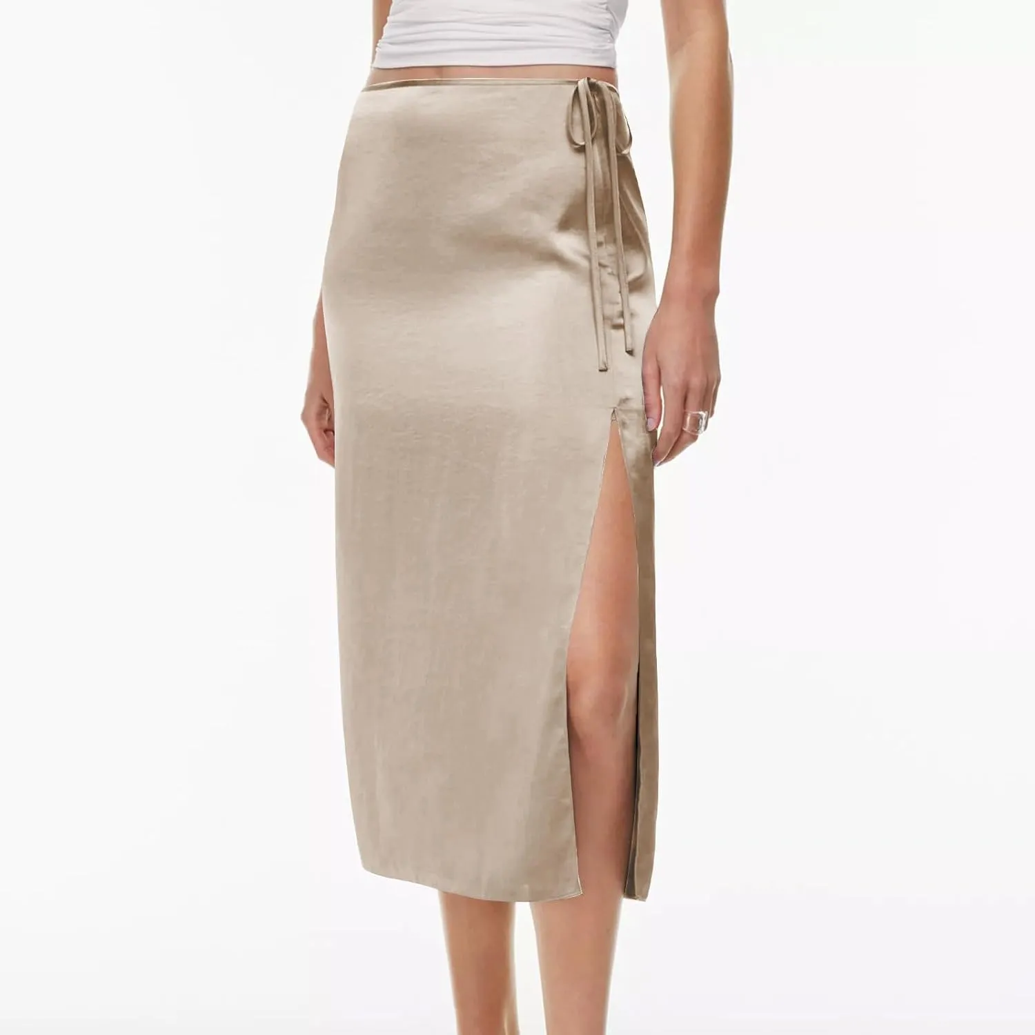 Womens Shift Skirt Casual Elegant Side Split Drawstring High Waisted Wrap Midi Skirt Office Business Work Skirt