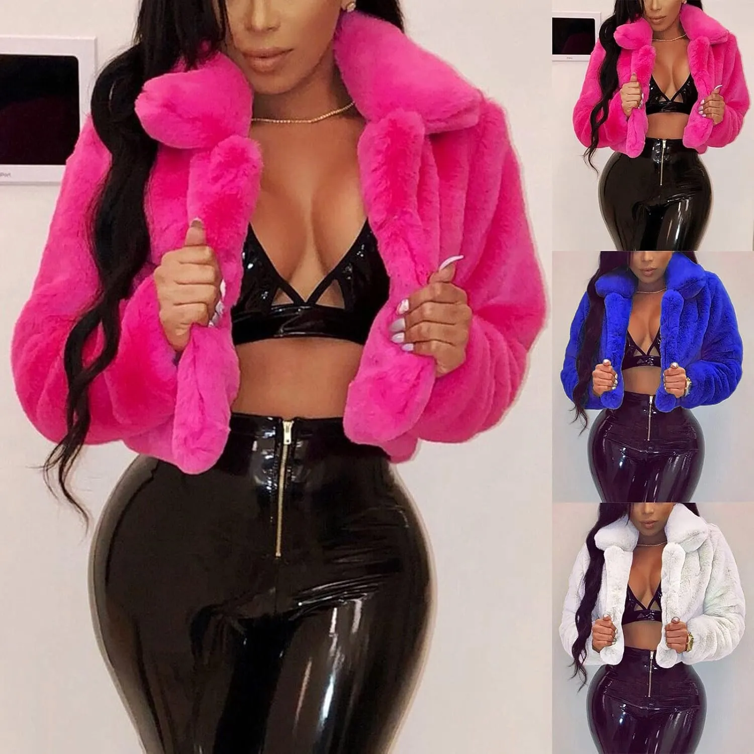 Womens Short Fur Coat Fluffys Fleece Outwear Turn-Down Collar Faux Furs Tops Winter Warm Sweater Jacket