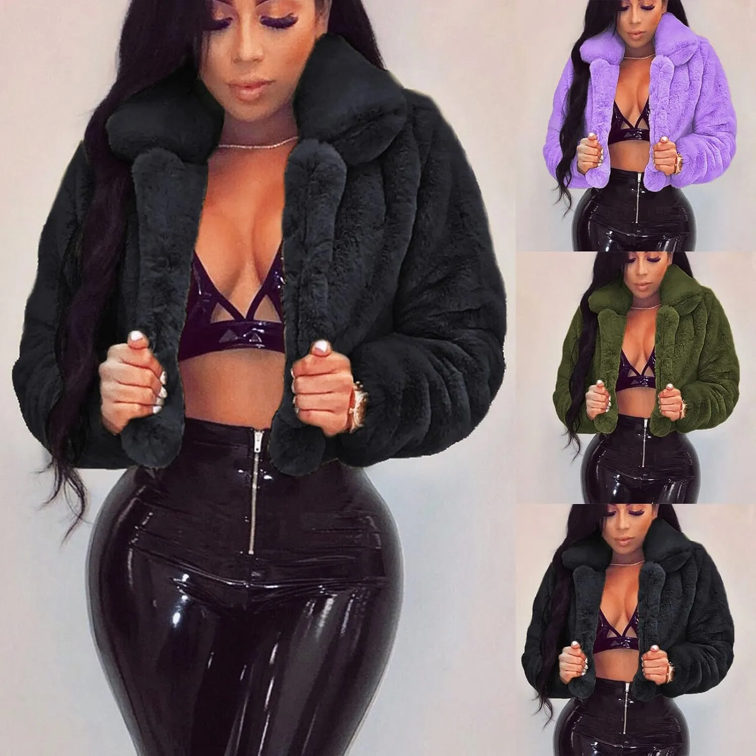 Womens Short Fur Coat Fluffys Fleece Outwear Turn-Down Collar Faux Furs Tops Winter Warm Sweater Jacket