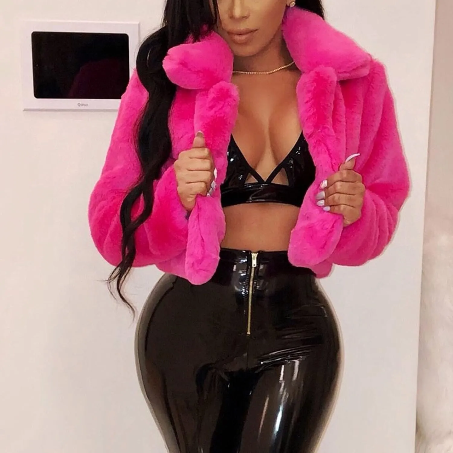 Womens Short Fur Coat Fluffys Fleece Outwear Turn-Down Collar Faux Furs Tops Winter Warm Sweater Jacket