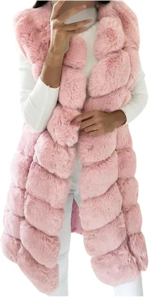 Women's Sleeveless Faux Fox Fur Vest Long Coat Ladies Mid-length Warmer Outwear Jacket Fashion Solid Color Tops