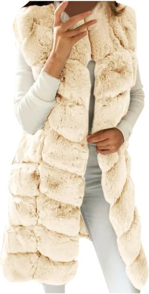 Women's Sleeveless Faux Fox Fur Vest Long Coat Ladies Mid-length Warmer Outwear Jacket Fashion Solid Color Tops