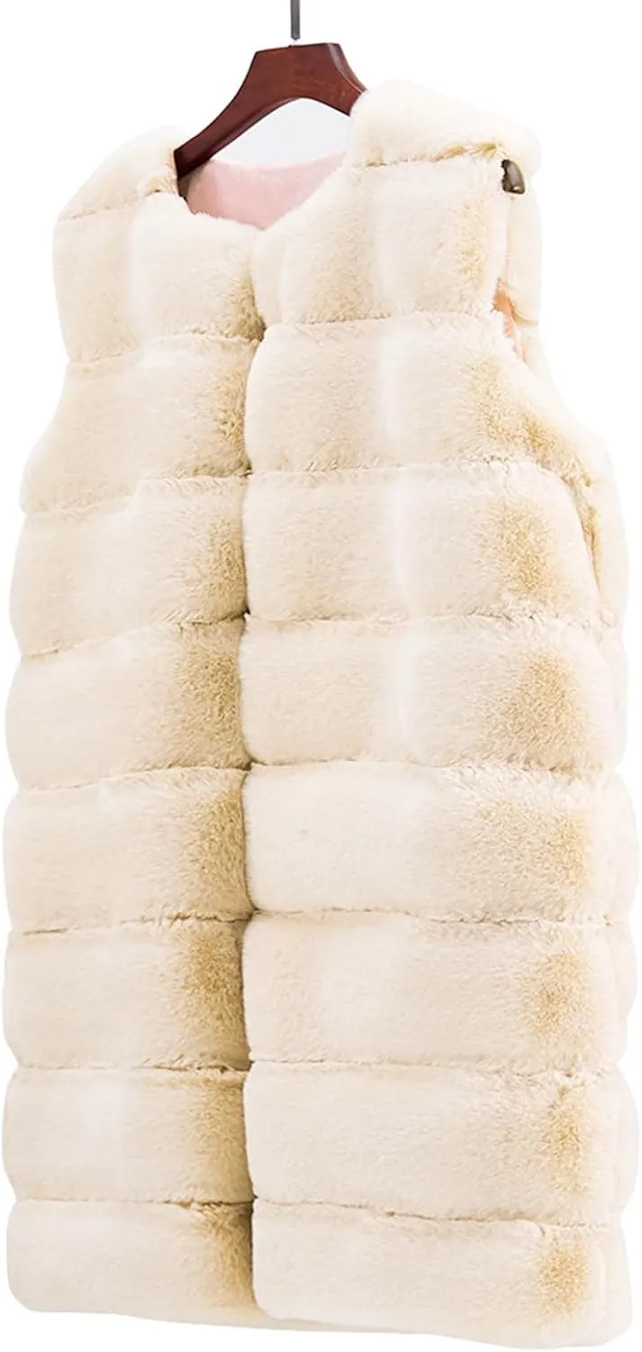 Women's Sleeveless Faux Fox Fur Vest Long Coat Ladies Mid-length Warmer Outwear Jacket Fashion Solid Color Tops