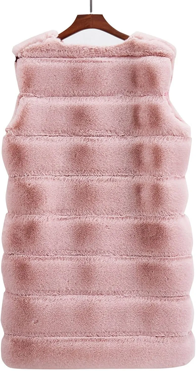 Women's Sleeveless Faux Fox Fur Vest Long Coat Ladies Mid-length Warmer Outwear Jacket Fashion Solid Color Tops