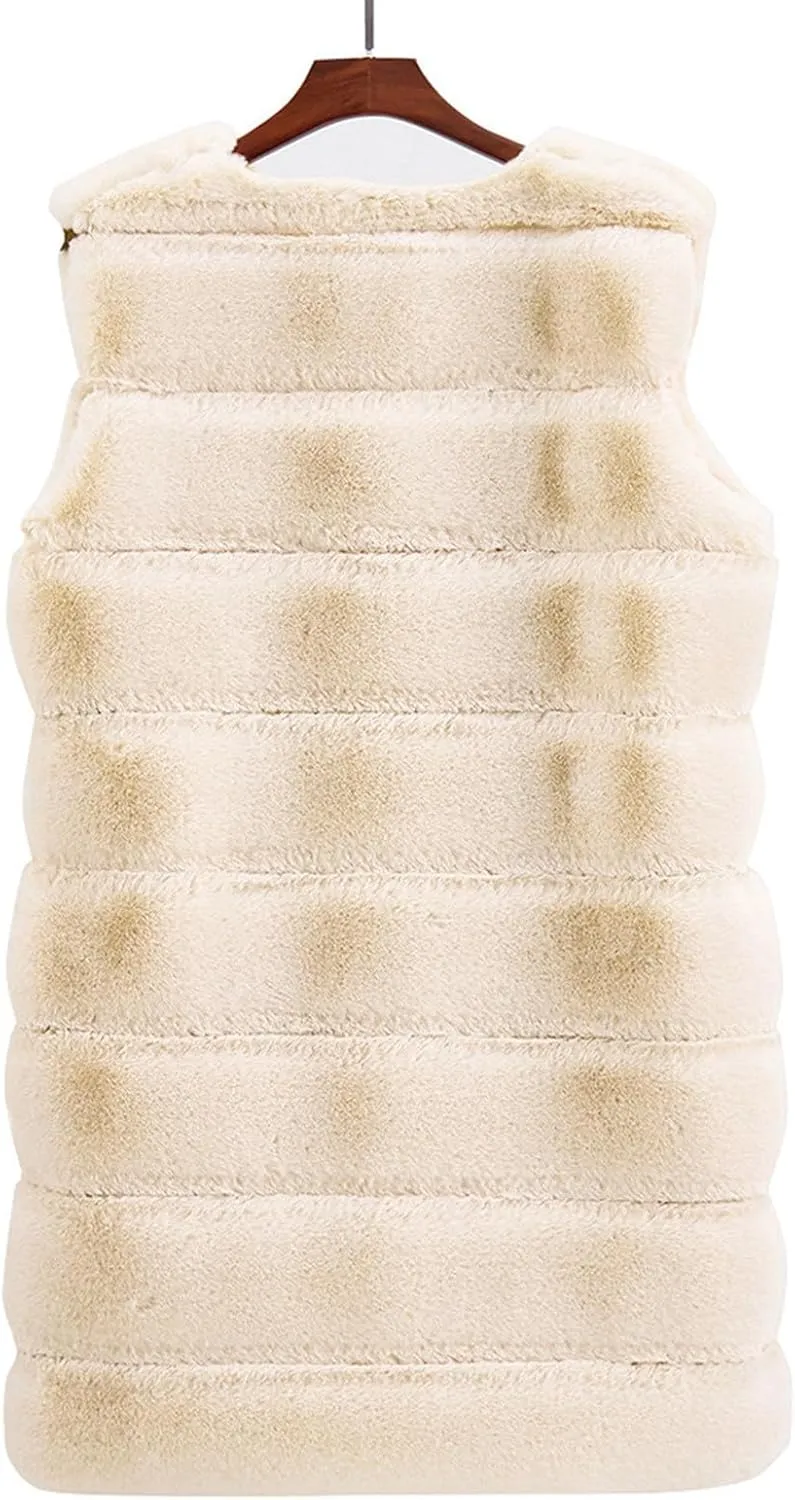 Women's Sleeveless Faux Fox Fur Vest Long Coat Ladies Mid-length Warmer Outwear Jacket Fashion Solid Color Tops