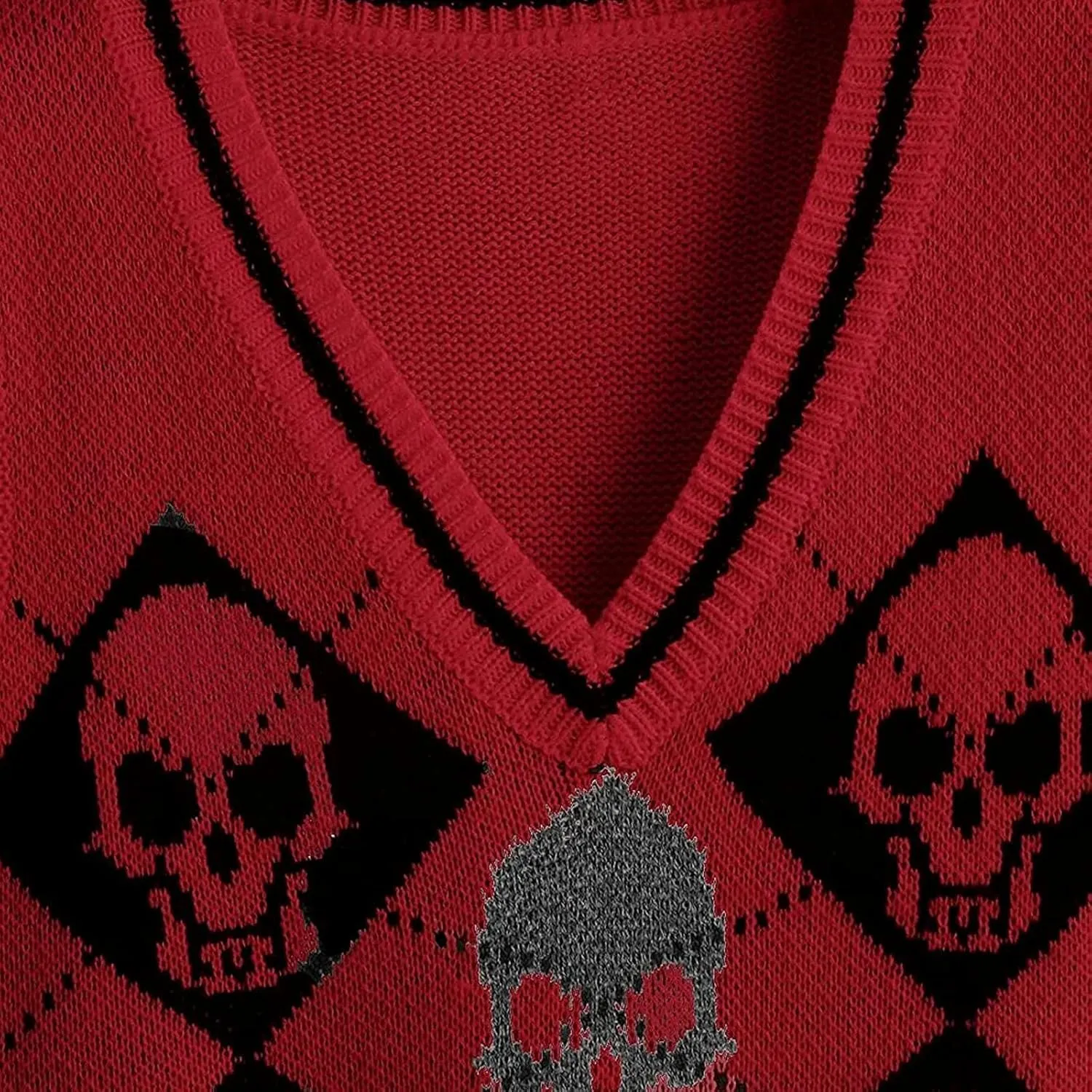 Women's Sleeveless Sweater Vest Halloween Skull Printed Knit Vest V Neck Crop Pullover Knitwear Tank Tops