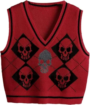 Women's Sleeveless Sweater Vest Halloween Skull Printed Knit Vest V Neck Crop Pullover Knitwear Tank Tops