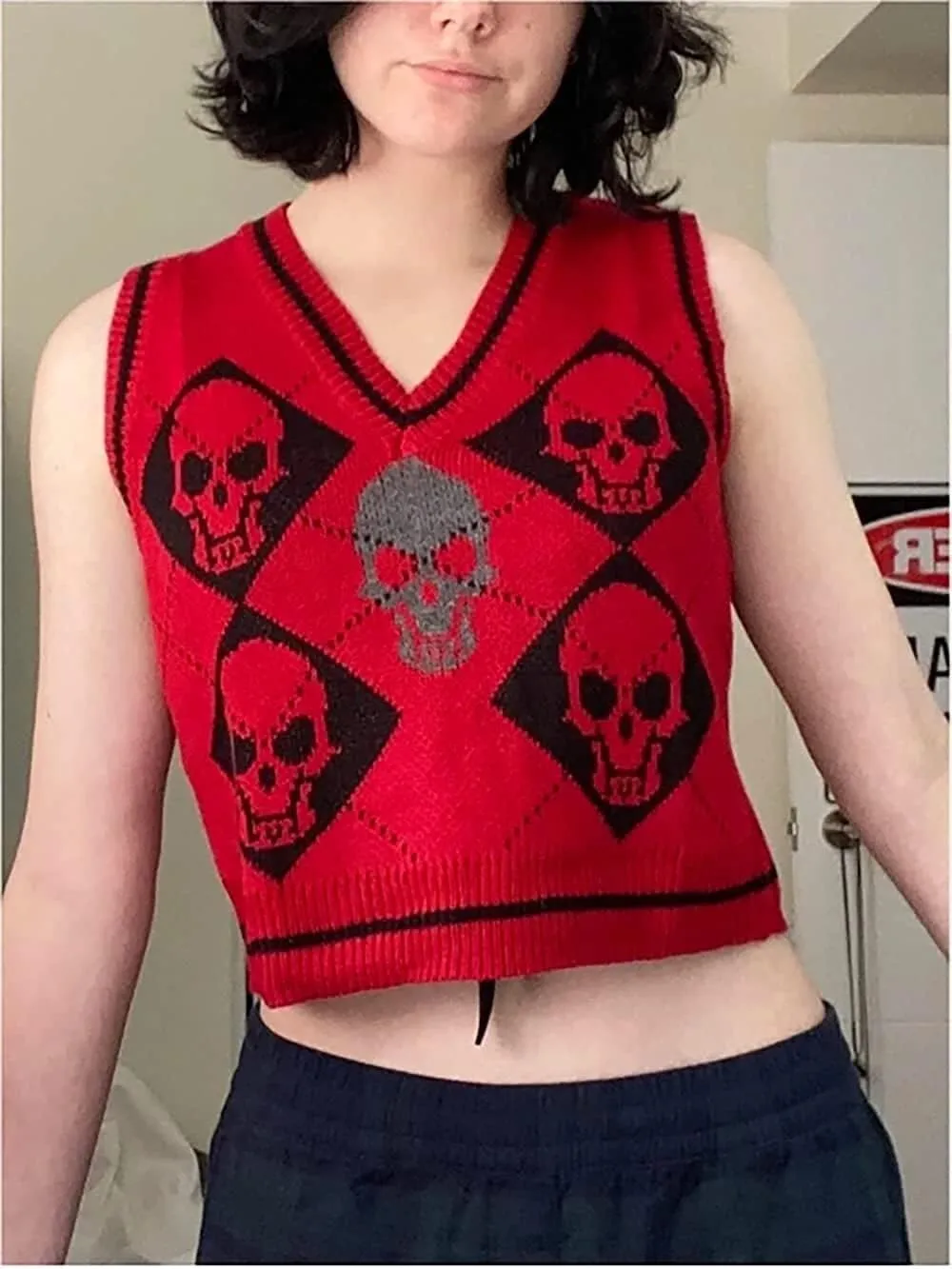 Women's Sleeveless Sweater Vest Halloween Skull Printed Knit Vest V Neck Crop Pullover Knitwear Tank Tops