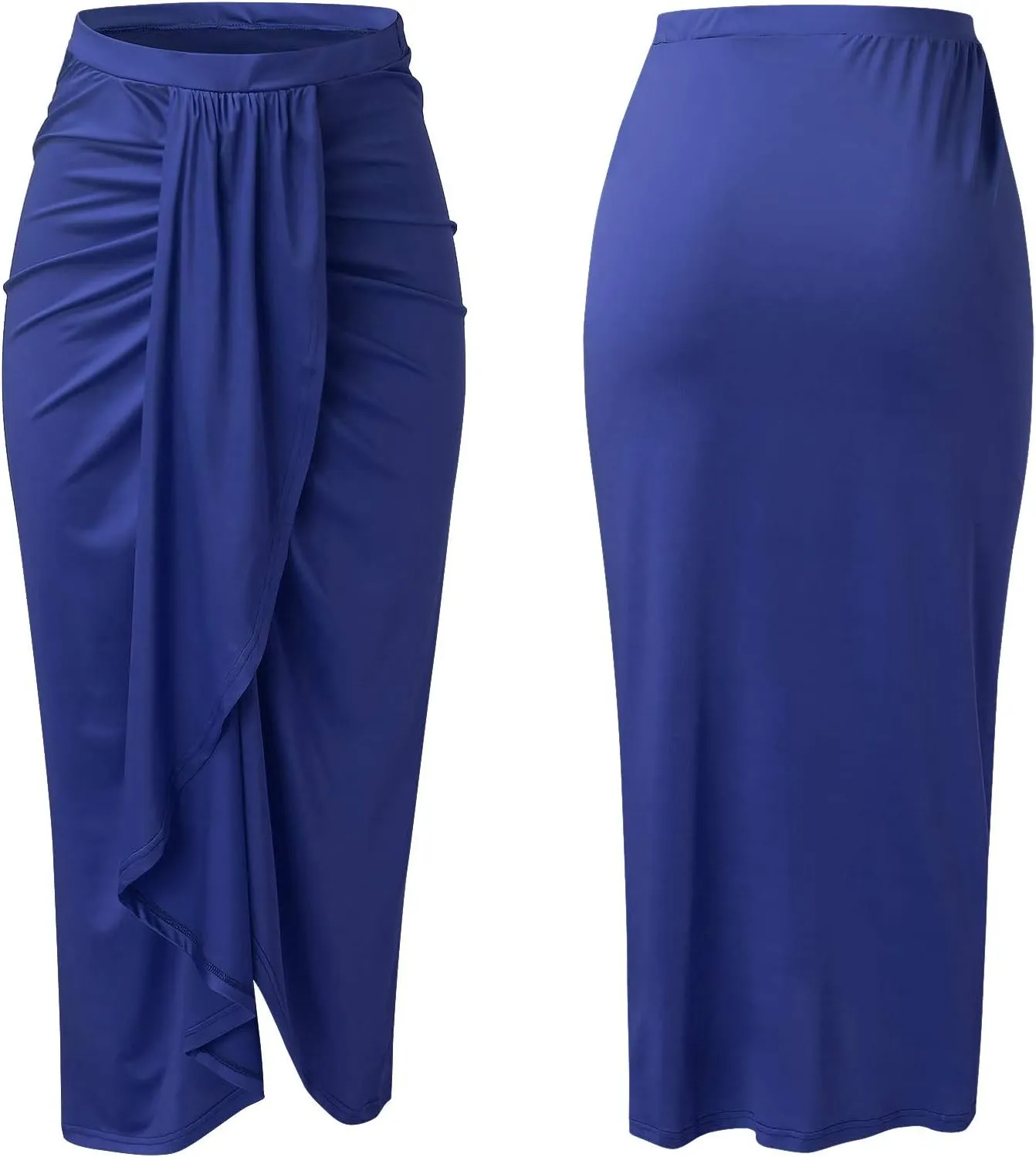 Women's Slit Ruched High Waisted Bodycon Maxi Skirt Summer Solid Draped Asymmetrical Hem Wrap Long Skirts Beach Clubwear 2024