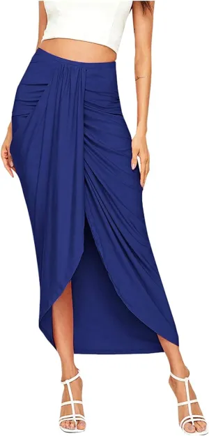 Women's Slit Ruched High Waisted Bodycon Maxi Skirt Summer Solid Draped Asymmetrical Hem Wrap Long Skirts Beach Clubwear 2024