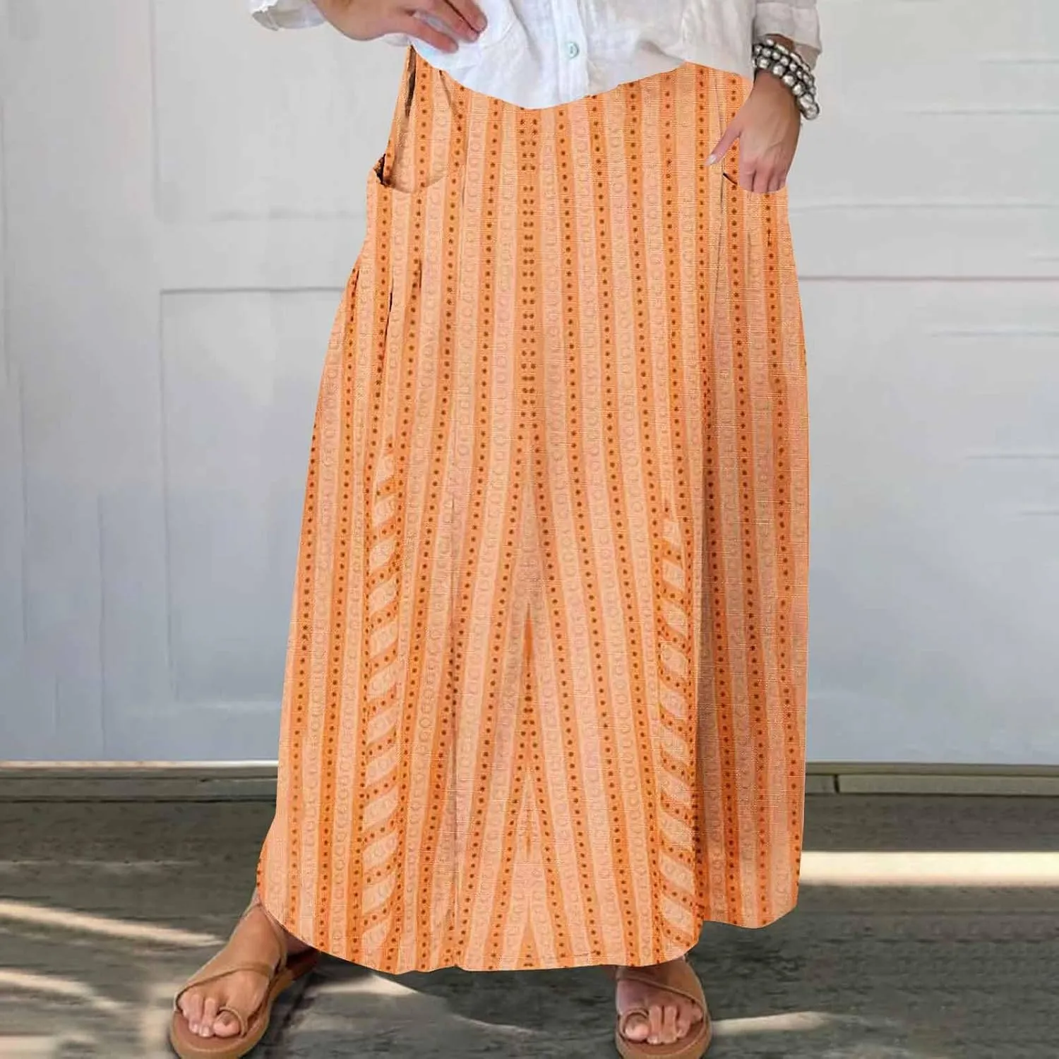 Womens Stripe Skirt Trendy Casual Elastic High Waisted Skirt Loose Fit Pleated Flowy Swing Maxi Skirts with Pockets