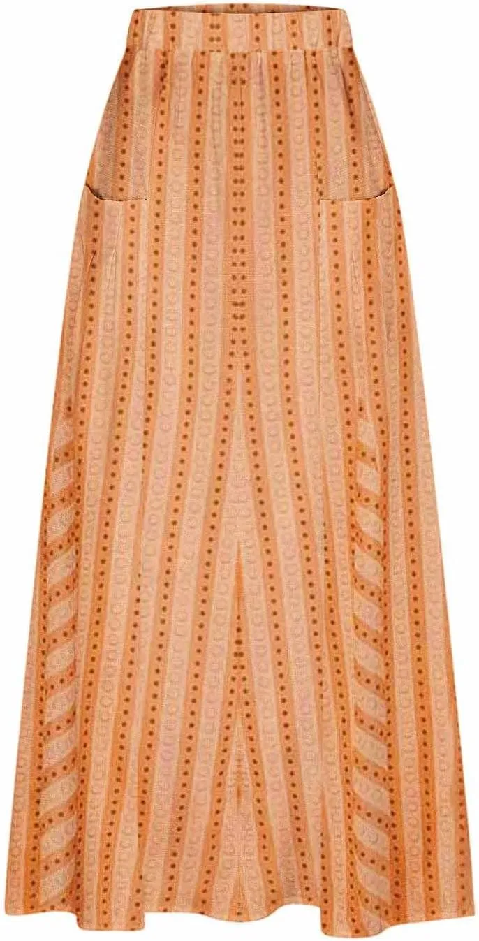 Womens Stripe Skirt Trendy Casual Elastic High Waisted Skirt Loose Fit Pleated Flowy Swing Maxi Skirts with Pockets