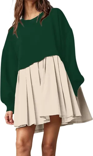 Womens Summer Dresses Oversized Sweatshirt Dress Neck Long Sleeve Patchwork Pullover Tops Sweatshirt Dress